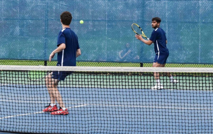 Caleb+Fockens+%28L%29+and+Sachin+Venkatesh+Ready+to+volley+in+their+doubles+match+against+Kutztown.